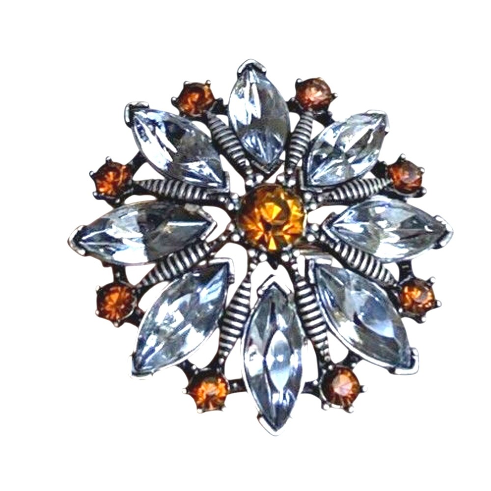 Vintage 90s Floral Brooch Amber Color + Smokey Blue
